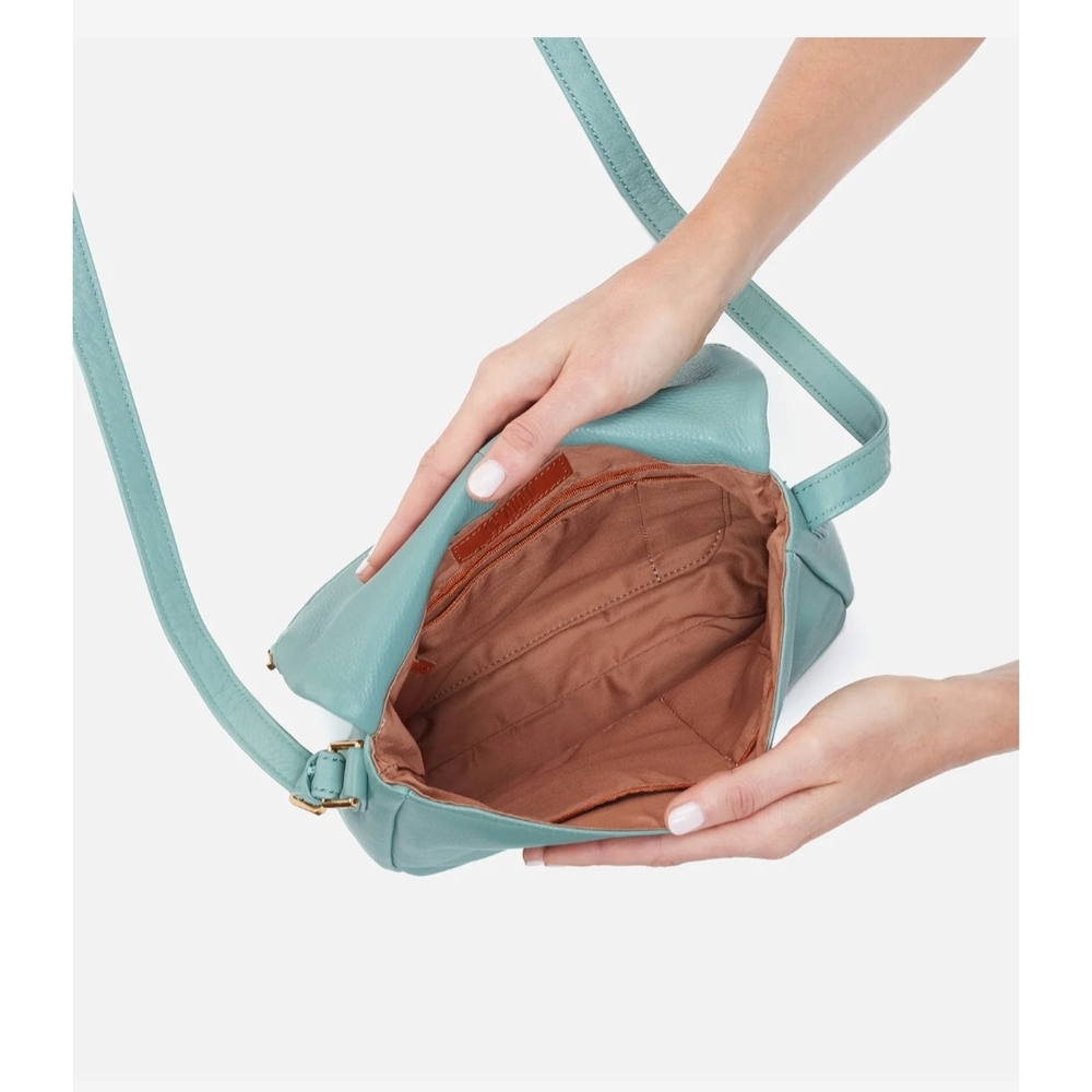 Pale Green Crossbody Bag with Gold Hardware and Flap Closure - Picture 11 of 12